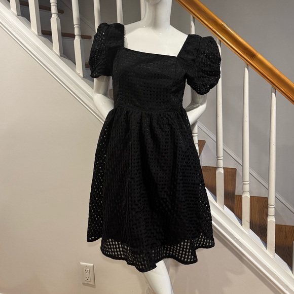 Black Puff Sleeve Baby Doll Dress with Check overlay Size Large - Picture 1 of 4